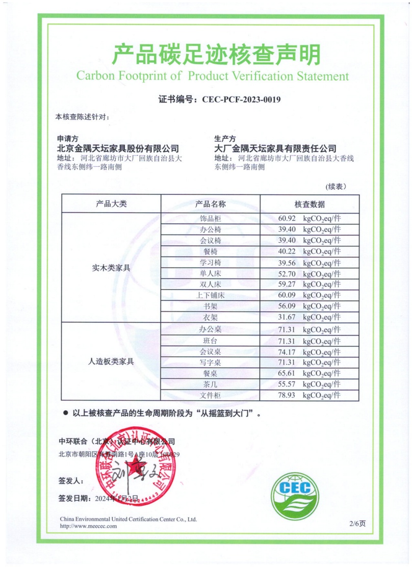 大厂金隅天坛家具有限责任公司-CEC-PCF-2023-0019