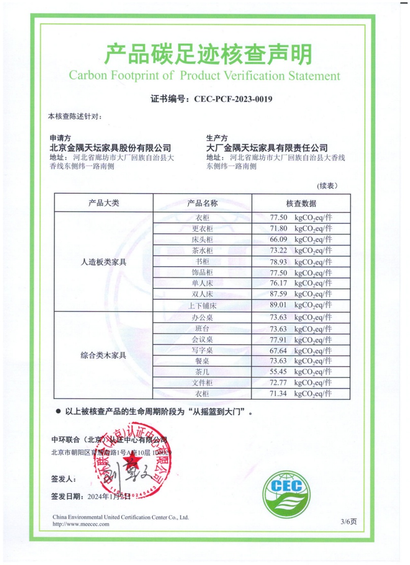 大厂金隅天坛家具有限责任公司-CEC-PCF-2023-0019